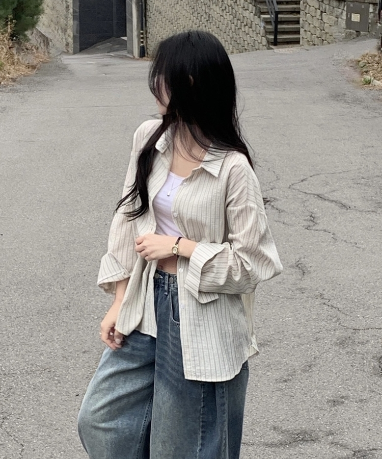 ルーズフィットストライプシャツ BEIGE