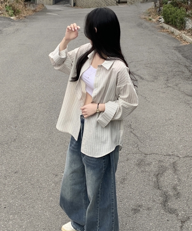 ルーズフィットストライプシャツ BEIGE