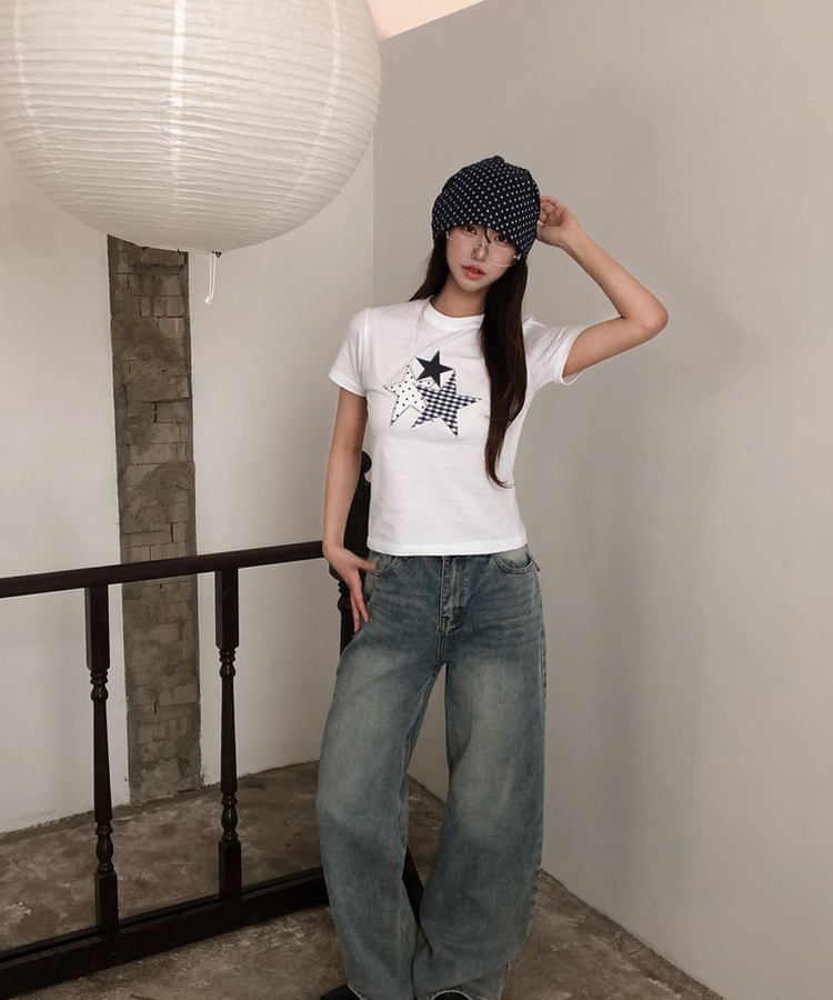 チェックスターパッチ半袖Tシャツ WHITE