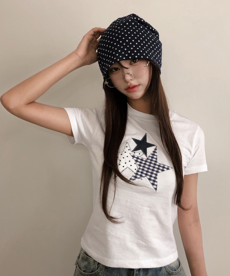 チェックスターパッチ半袖Tシャツ WHITE