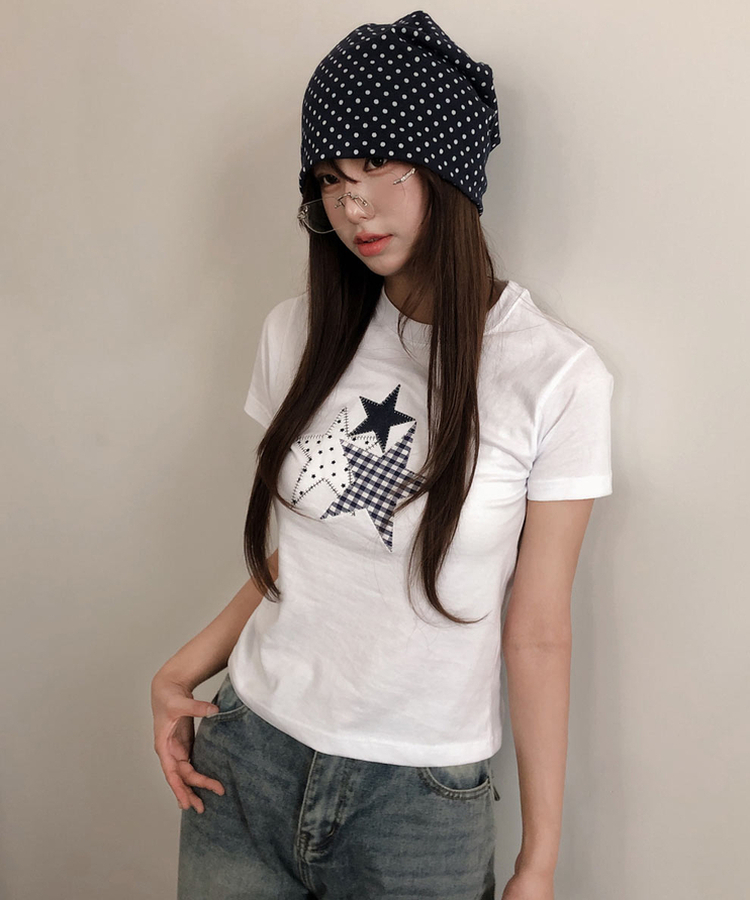 チェックスターパッチ半袖Tシャツ WHITE