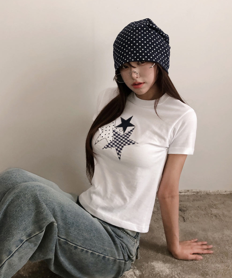 チェックスターパッチ半袖Tシャツ WHITE