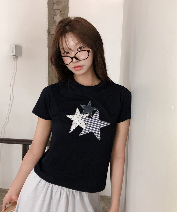 チェックスターパッチ半袖Tシャツ NAVY