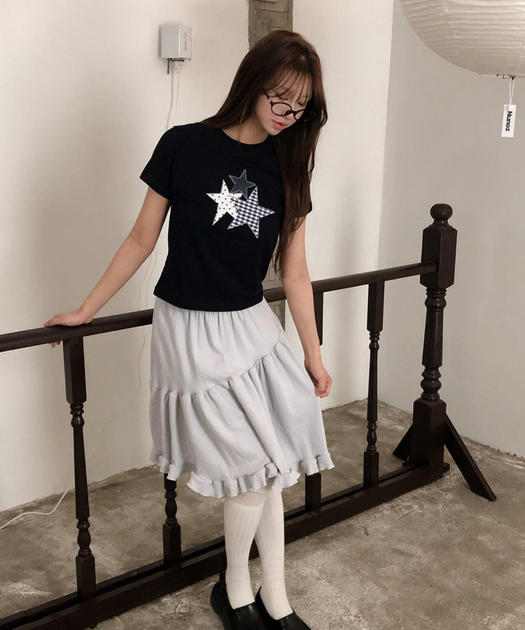 チェックスターパッチ半袖Tシャツ NAVY