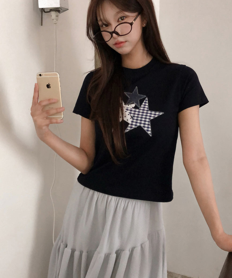 チェックスターパッチ半袖Tシャツ NAVY