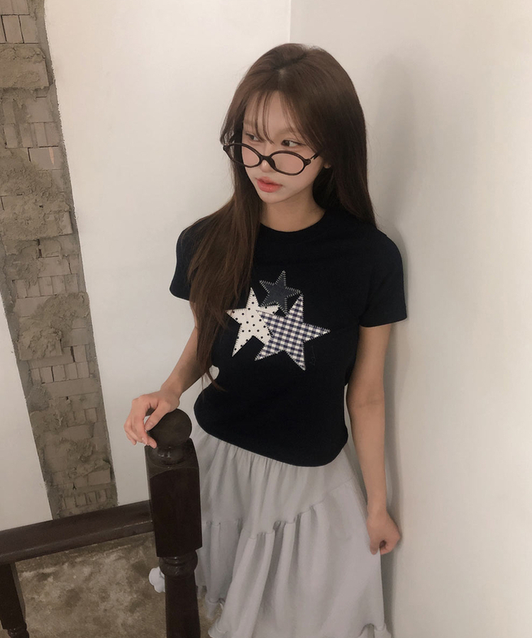 チェックスターパッチ半袖Tシャツ NAVY