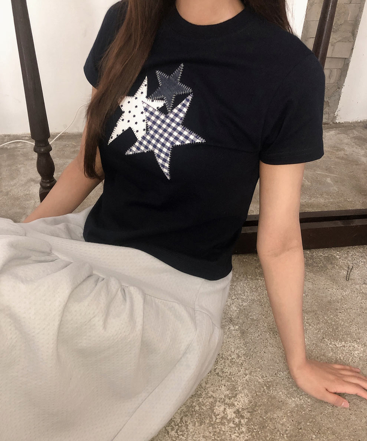 チェックスターパッチ半袖Tシャツ NAVY