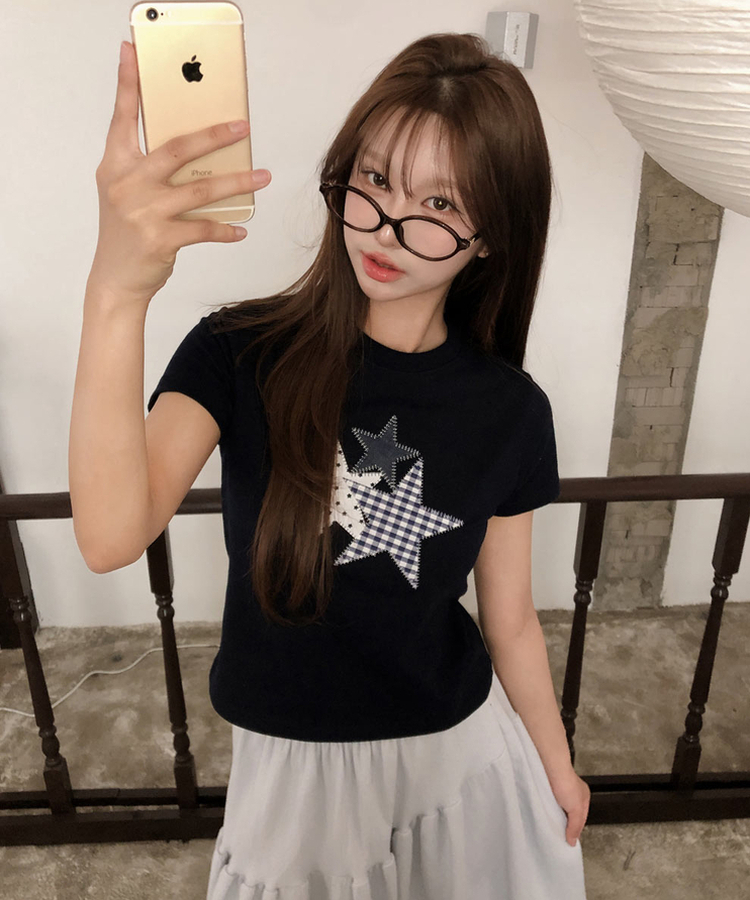 チェックスターパッチ半袖Tシャツ NAVY