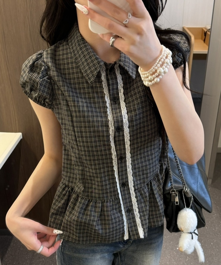 チェックレースフレア半袖ブラウス BLACK