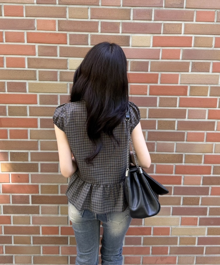 チェックレースフレア半袖ブラウス BLACK