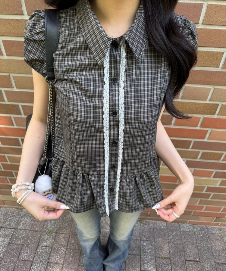 チェックレースフレア半袖ブラウス BLACK