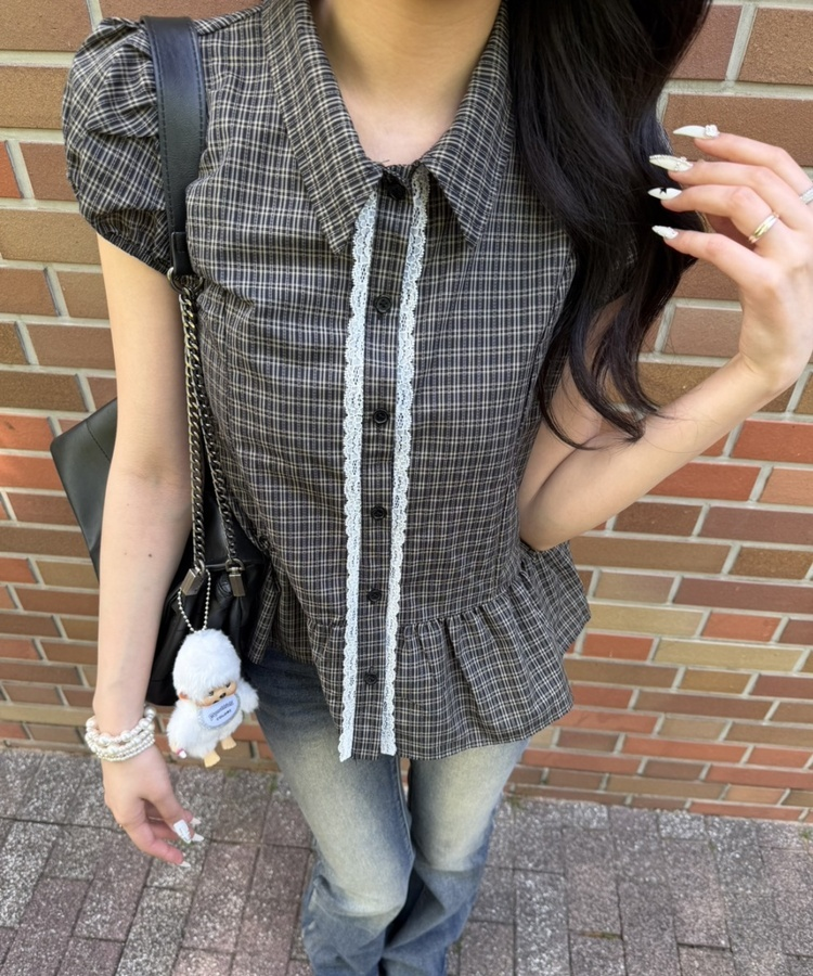 チェックレースフレア半袖ブラウス BLACK