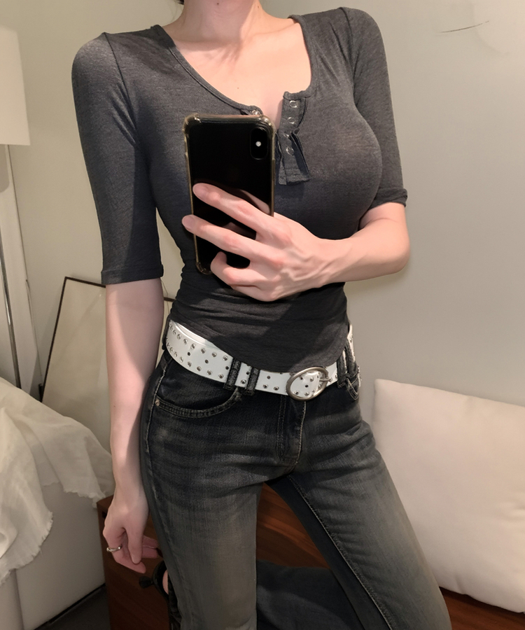 スナップボタン5分丈Tシャツ(6color) CHARCOAL