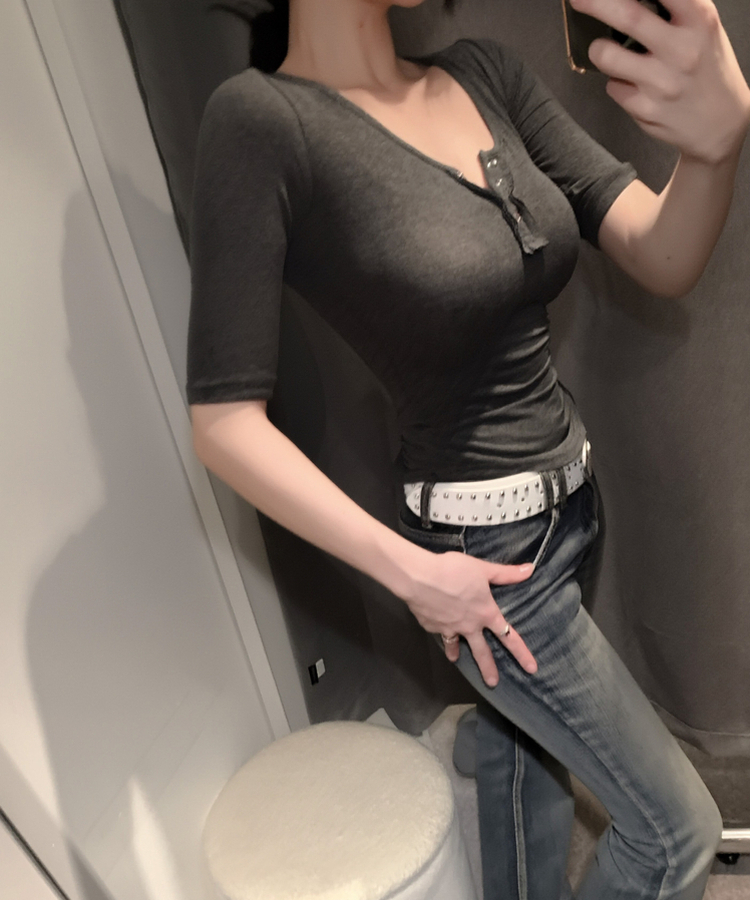 スナップボタン5分丈Tシャツ(6color) CHARCOAL