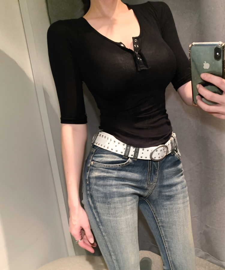 スナップボタン5分丈Tシャツ(6color) BLACK