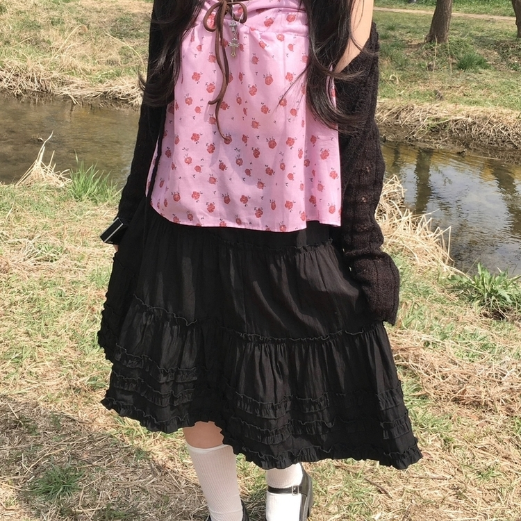 데일리 볼륨 레이스 캉캉 밴딩 미디스커트 블랙