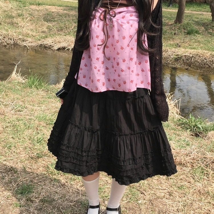 데일리 볼륨 레이스 캉캉 밴딩 미디스커트 블랙