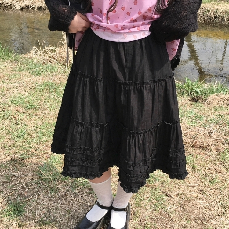 데일리 볼륨 레이스 캉캉 밴딩 미디스커트 블랙