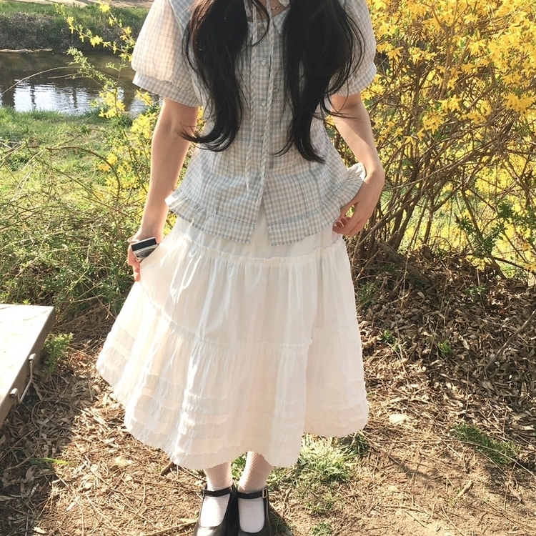 데일리 볼륨 레이스 캉캉 밴딩 미디스커트 화이트