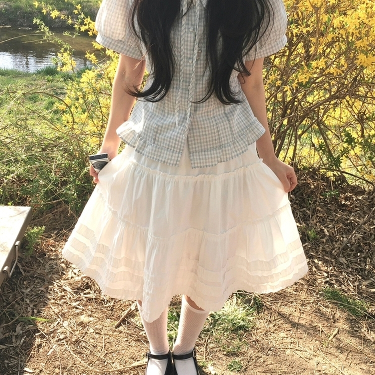 데일리 볼륨 레이스 캉캉 밴딩 미디스커트 화이트