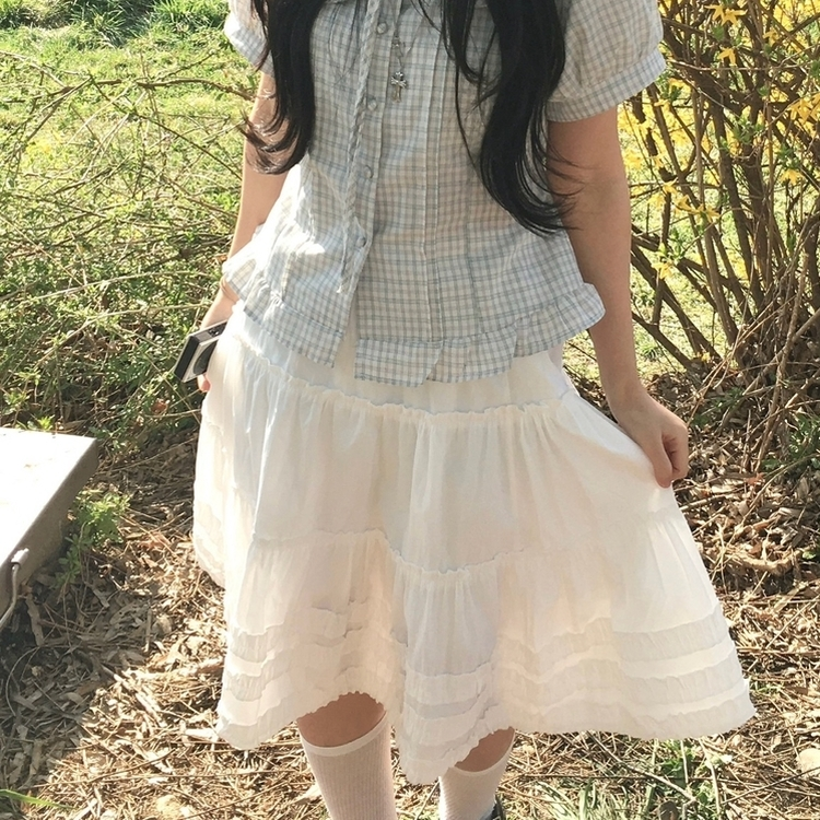 데일리 볼륨 레이스 캉캉 밴딩 미디스커트 화이트