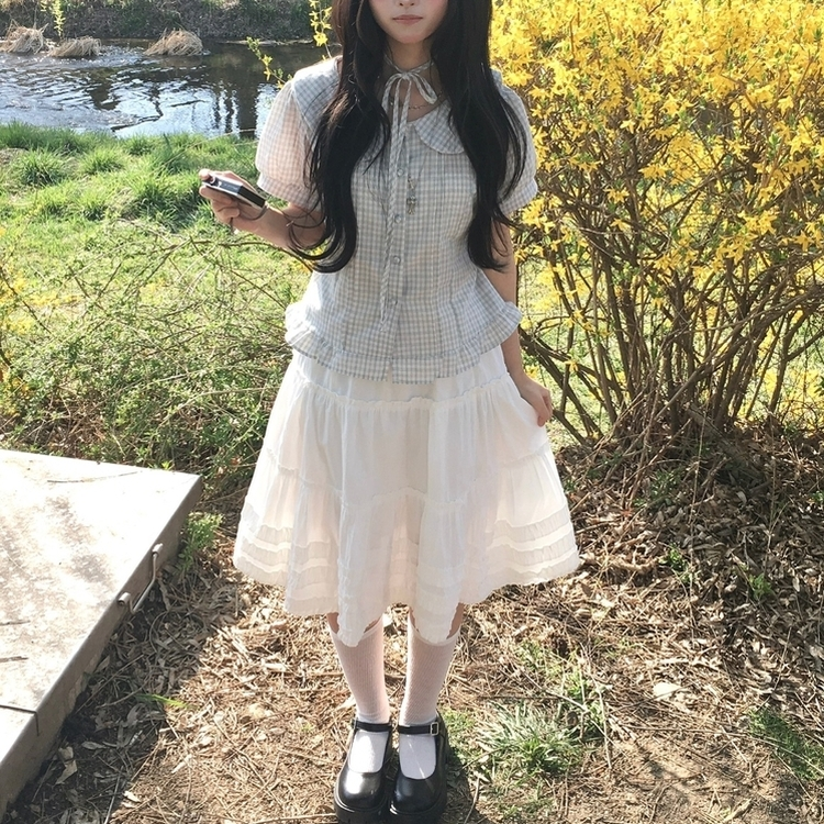데일리 볼륨 레이스 캉캉 밴딩 미디스커트 화이트