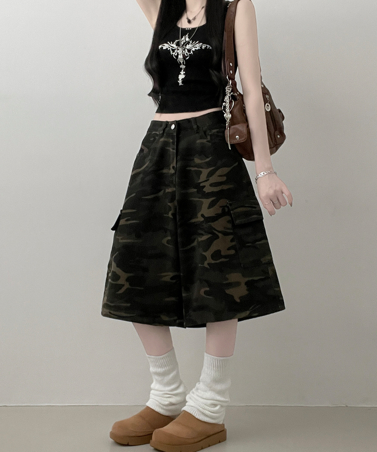 カモフラ柄カーゴポケットバミューダパンツ KHAKI