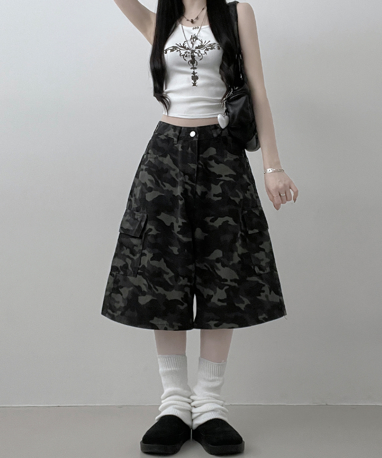 カモフラ柄カーゴポケットバミューダパンツ GREY