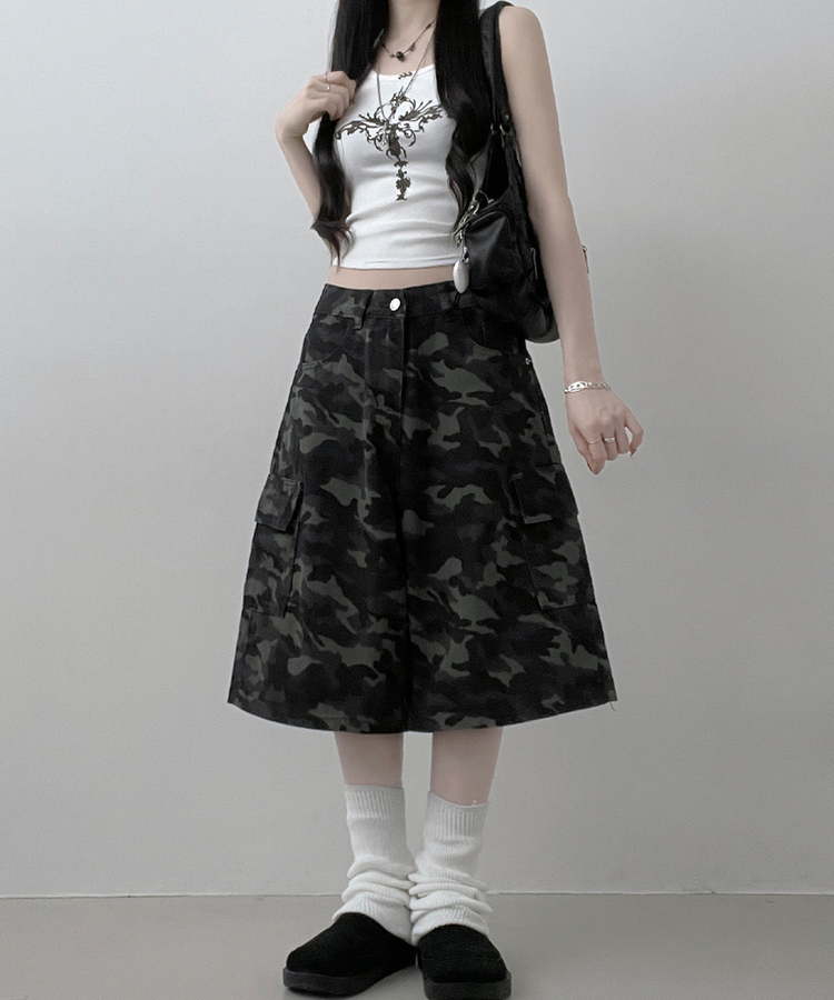 カモフラ柄カーゴポケットバミューダパンツ GREY