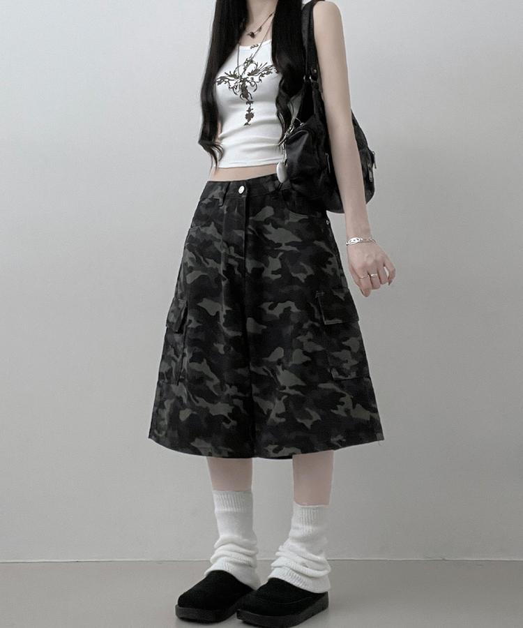 カモフラ柄カーゴポケットバミューダパンツ GREY