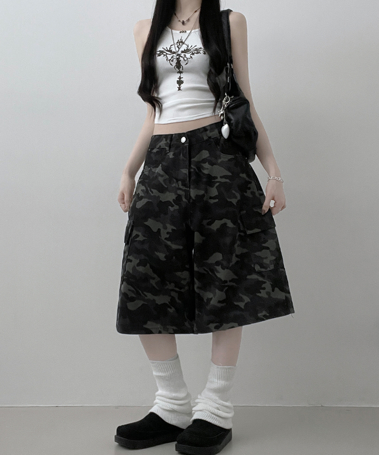 カモフラ柄カーゴポケットバミューダパンツ GREY