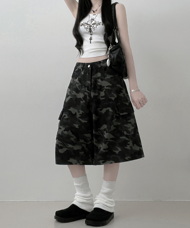 カモフラ柄カーゴポケットバミューダパンツ GREY