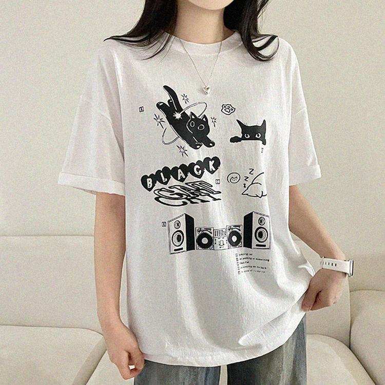 黒猫レタープリント半袖Tシャツ WHITE