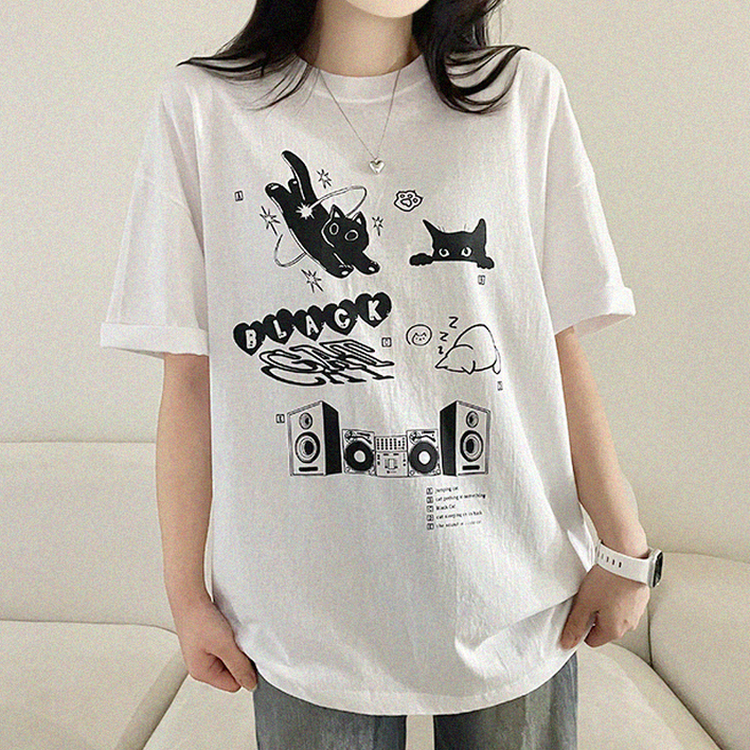 黒猫レタープリント半袖Tシャツ WHITE