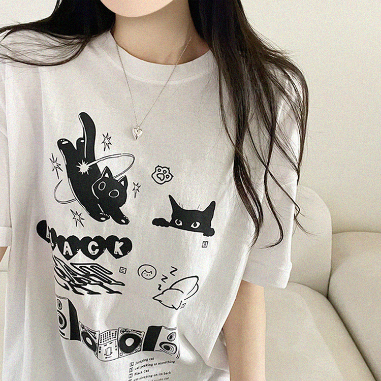 黒猫レタープリント半袖Tシャツ WHITE