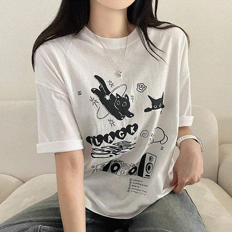 黒猫レタープリント半袖Tシャツ WHITE