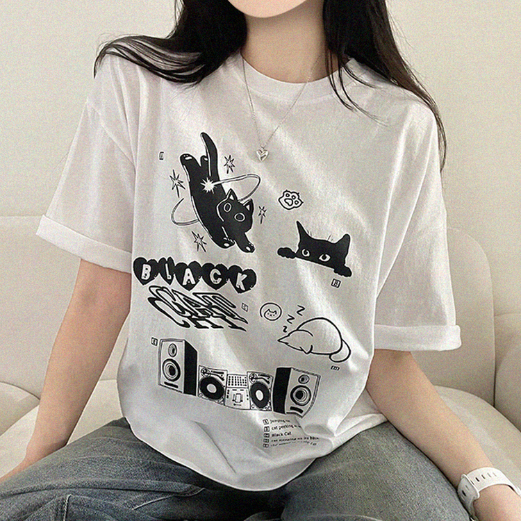 黒猫レタープリント半袖Tシャツ WHITE