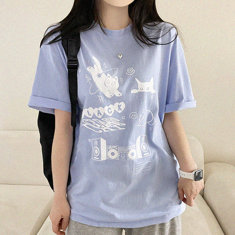 黒猫レタープリント半袖Tシャツ SKY BLUE