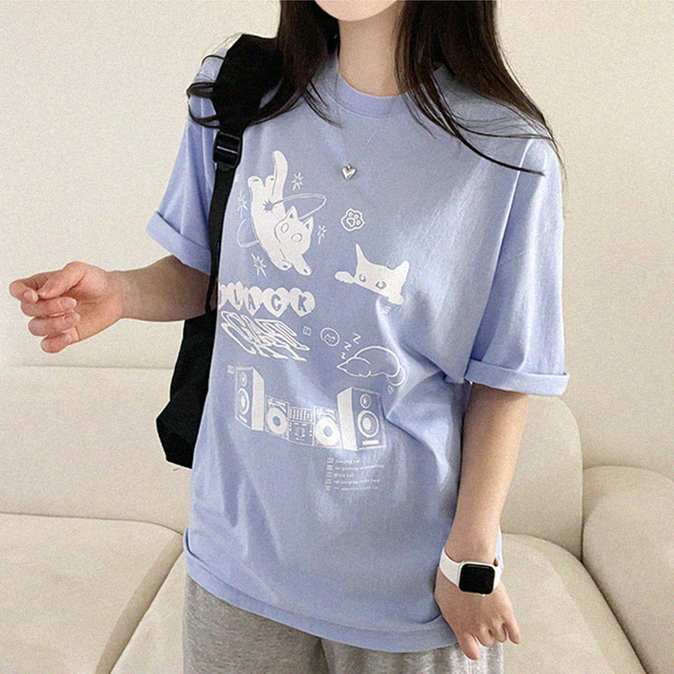 黒猫レタープリント半袖Tシャツ SKY BLUE