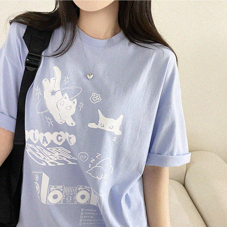 黒猫レタープリント半袖Tシャツ SKY BLUE