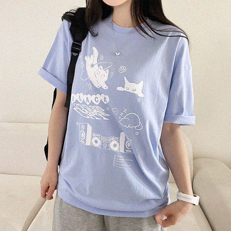 黒猫レタープリント半袖Tシャツ SKY BLUE