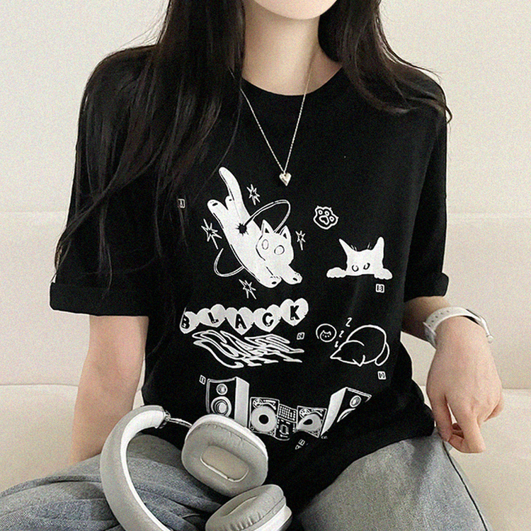 黒猫レタープリント半袖Tシャツ BLACK