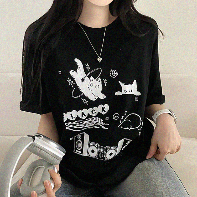 黒猫レタープリント半袖Tシャツ BLACK