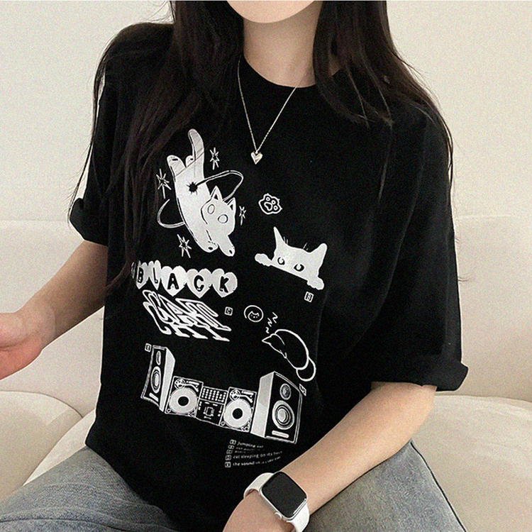黒猫レタープリント半袖Tシャツ BLACK