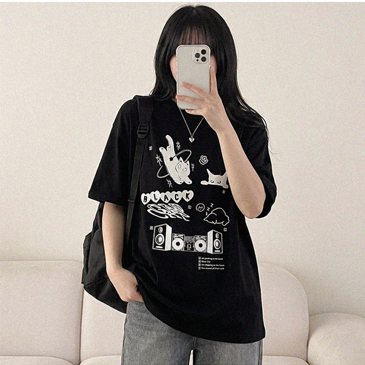 黒猫レタープリント半袖Tシャツ BLACK