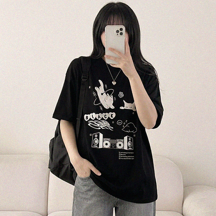 黒猫レタープリント半袖Tシャツ BLACK