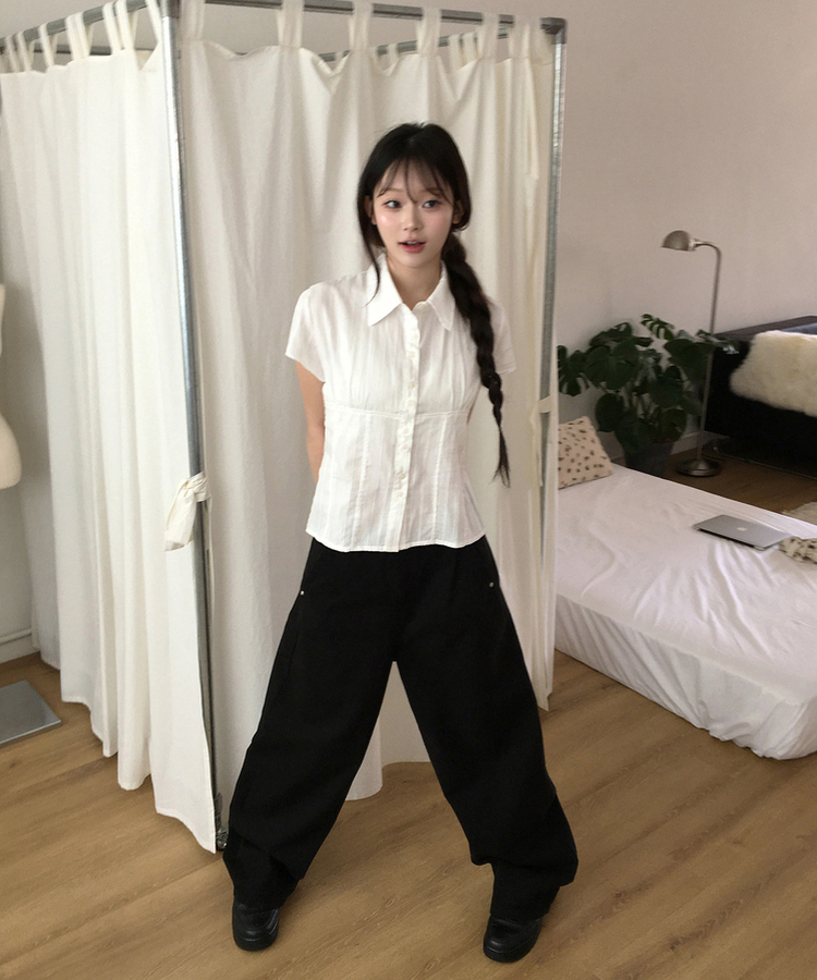 ピンタック半袖シャツブラウス IVORY