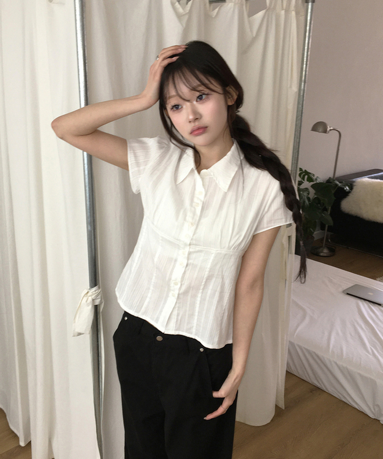 ピンタック半袖シャツブラウス IVORY