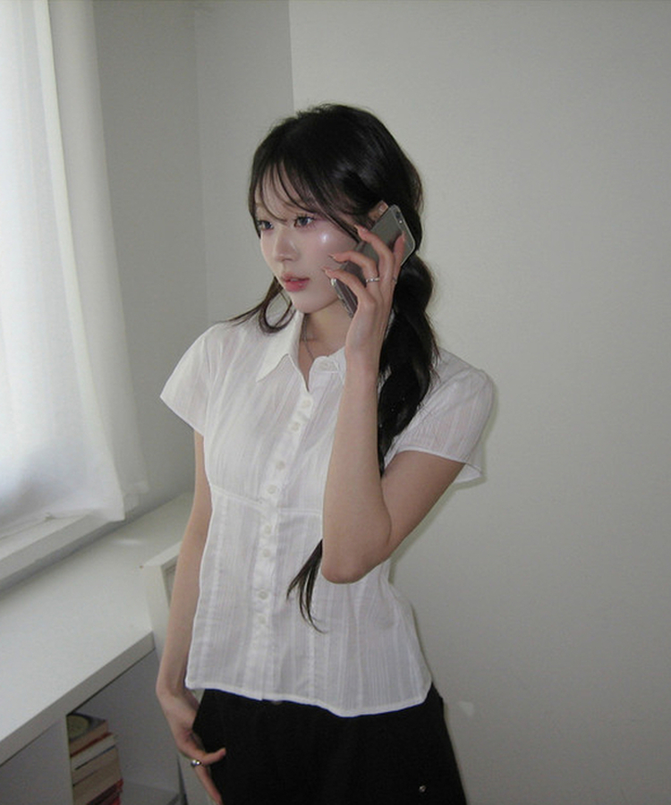 ピンタック半袖シャツブラウス IVORY