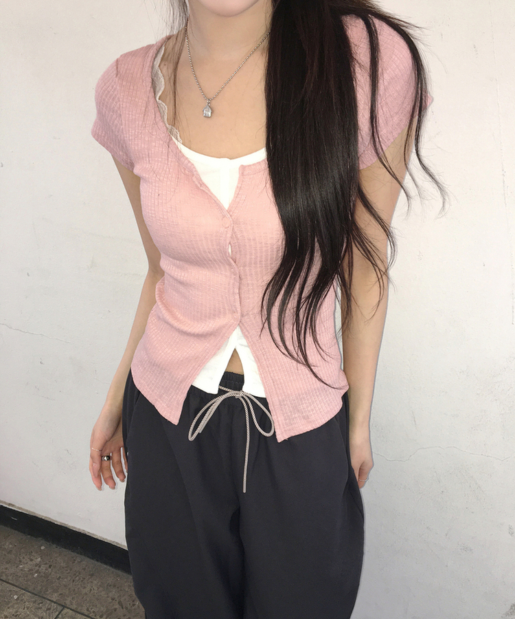 レイヤード半袖カーディガン PINK